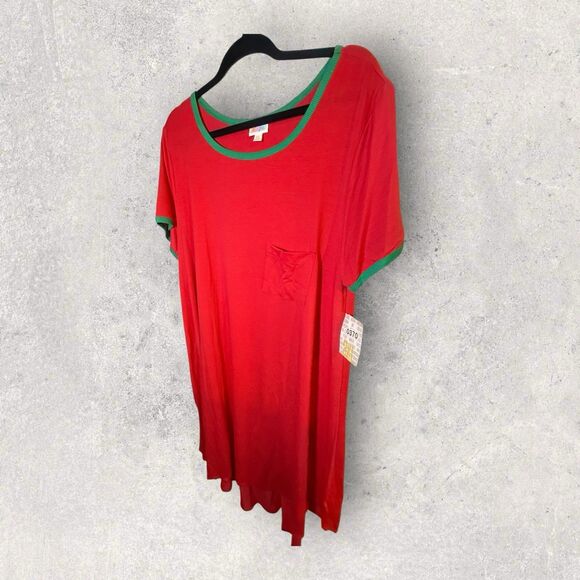 LuLaRoe Carly Dress - Size 2XL Solid Red With Green Trim - Picture 1 of 5